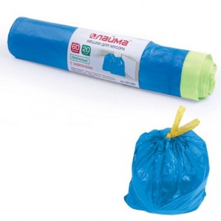 Пакеты для мусора ЛАЙМА, 60л, 20шт., синие, 55х62см, 12мкм, с завязками, ПНД (601397)