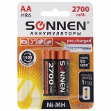Батарейки аккумуляторные SONNEN, AA (HR6) 2700 mAh, 1000 циклов, комплект 2 шт, в блистере (454235)