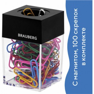 Диспенсер для скрепок BRAUBERG, магнитный, со 100 цв. скрепками 28 мм, прозрачный корпус (228401)