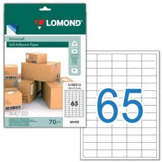 Этикетки самоклеющиеся LOMOND, 65 шт. на листе А4, 38х21,2мм., белая (50 листов) (2100215) (121867)