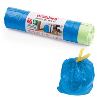 Пакеты для мусора ЛАЙМА, 30л, 20шт., синие, 50х60см, 12мкм, с завязками, ПНД (601395)