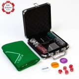 Покер в черном кейсе, 100 фишек, 5 кубиков, 2 колоды карт, с номиналом, 49x25 см (9225149)